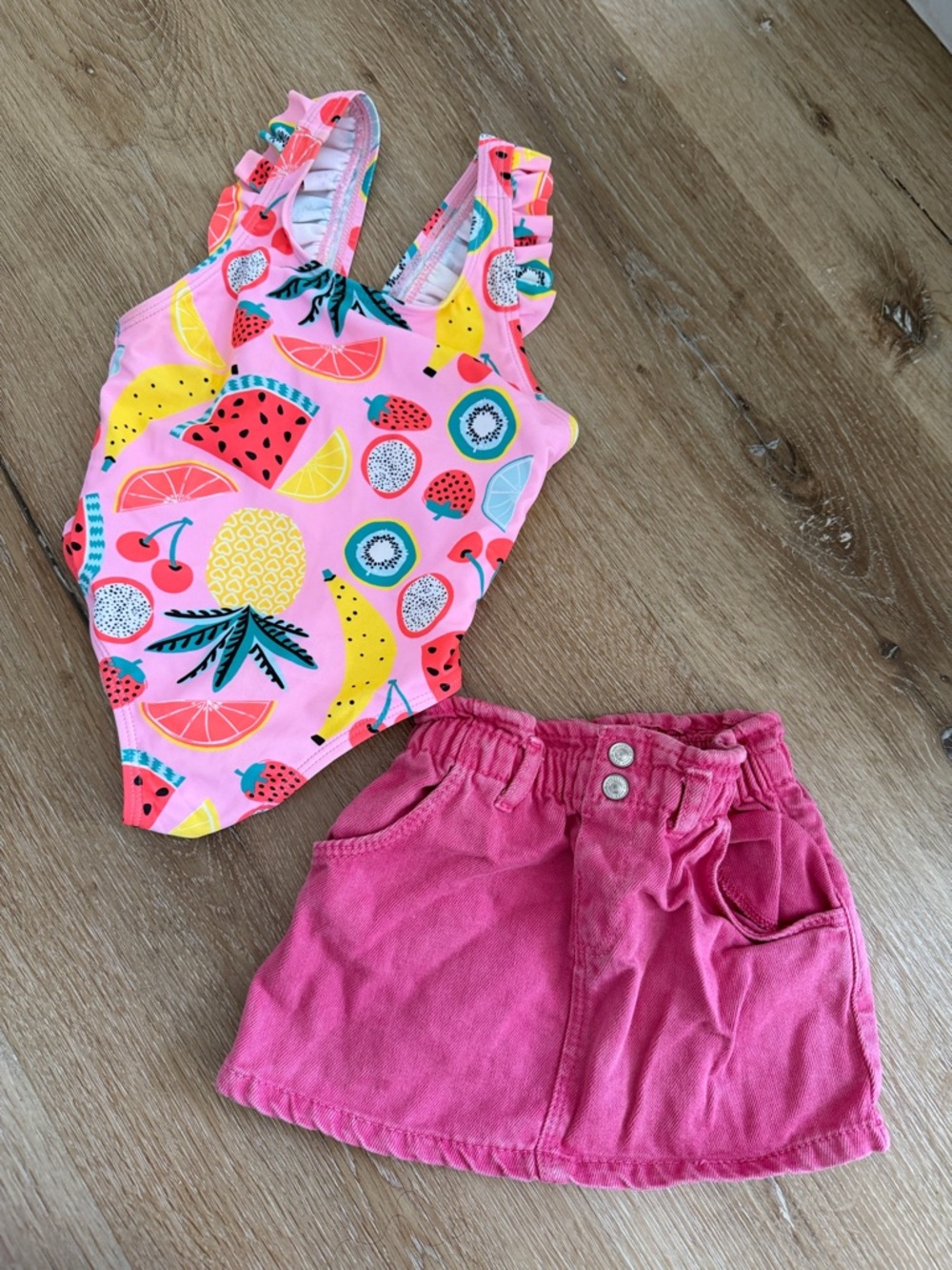 Zara Pink Fruit-Print One-Piece Swimsuit and denim skirt